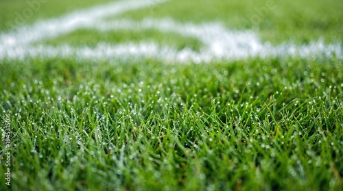 Wallpaper Mural Fresh green grass with morning dew on a soccer field. Close up view of blades of grass near a white boundary line. Concept of sports training, stadium surface and athletic competition atmosphere Torontodigital.ca