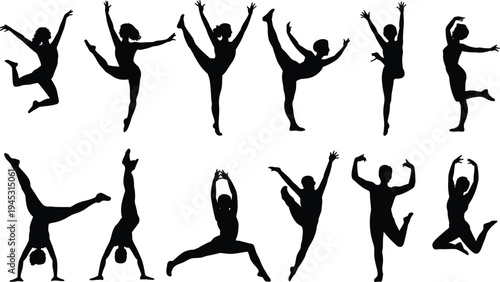 Gymnast dancer silhouette collection, athletic people performing jumps and handstands poses, sport fitness movement vector illustration isolated