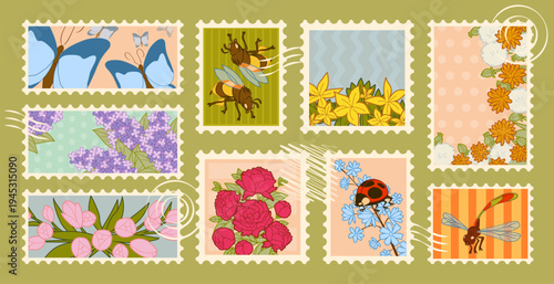 Set of postage stamps with floral spring motifs. Vector cartoon illustration of cute botanical cards, vintage postal frames with tulips, lilac, peony, butterfly, ladybug and bees, mail stickers