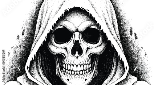 A black and white illustration of a hooded skeleton with a menacing grin isolated on white background