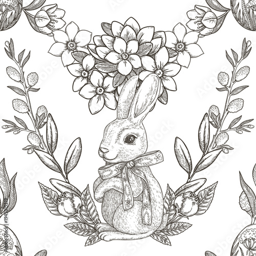 Easter seamless pattern with cute bunny and floral garland black and white background. Hand drawn vector design in vintage sketch style. Outline print ideal for wallpaper or holiday fabric and paper.