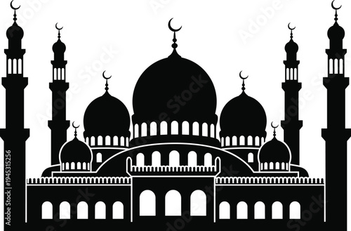 Islamic mosque silhouette with domes and minarets, Ramadan Kareem architecture illustration, Muslim religious building vector isolated