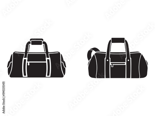 Black duffel bags with white outlines shown from front and side on white background  travel and sports equipment