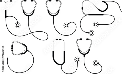 Medical stethoscope collection vector illustration, healthcare diagnostic equipment set, doctor tool silhouette isolated for hospital medicine concept