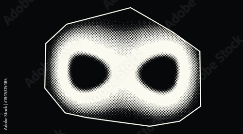 A black and white illustration of an abstract shape with two circular holes on a black background