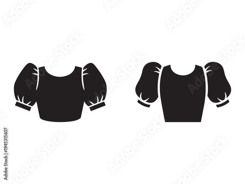Black puffy sleeve tops with cuffs  front and back views  fashion design elements  clothing silhouettes  isolated on white background