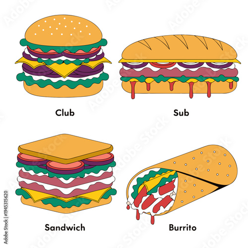 A colorful vector graphic illustration of various types of sandwiches and burritos