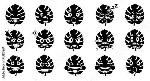 Glyph Style Tropical Leaf Emoji Icon Set for Nature, Communication, and Emotions
