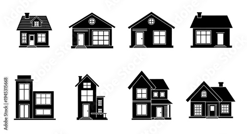 Real Estate  Housing Black and White Glyph Icon Set - Modern and Traditional Home Buildings Vector