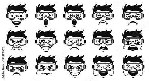 VR Gaming Avatars: Flat Black  White Line Art Icons Expressing Human Emotions Set