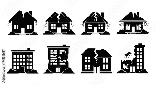 Disaster  Emergency: Damaged Buildings, Collapsed Houses  Office Blocks Black Glyph Icons Set