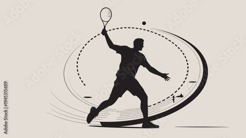 A silhouette of a man playing tennis with a racket and ball in motion