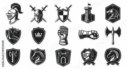 Monochromatic Medieval Knight and Fantasy Icons Vector Set for Gaming and History Themes