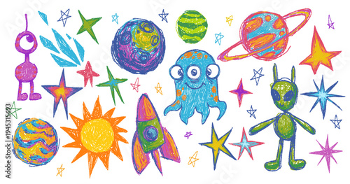 Set of childish crayon space objects and aliens isolated on white background. Vector cartoon illustration of funny chalk Earth, doodle stars, alien creatures and spacecraft, comets with burning tails