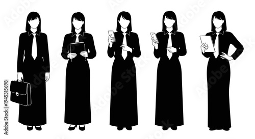 Corporate Businesswomen Professionals Black and White Silhouette Set with Briefcase, Documents, Smartphone