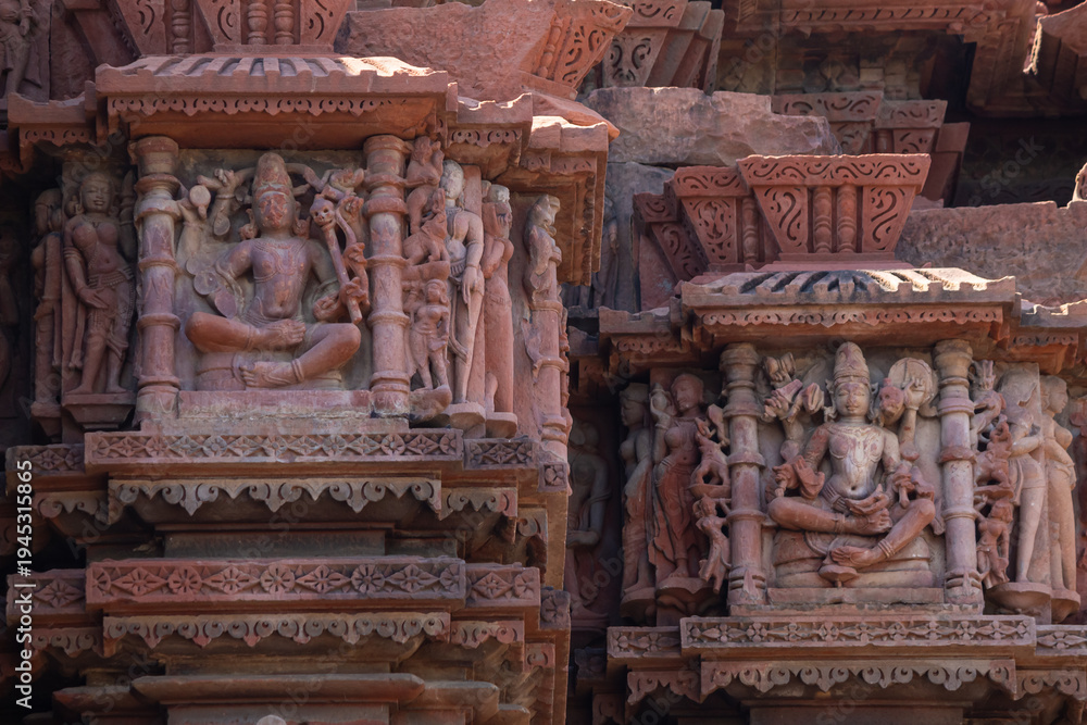 Fototapeta premium Intricate stone carvings of Hindu deities on the walls of Neelkantheshwar Shiva Temple at Udaipur, Madhya Pradesh, India