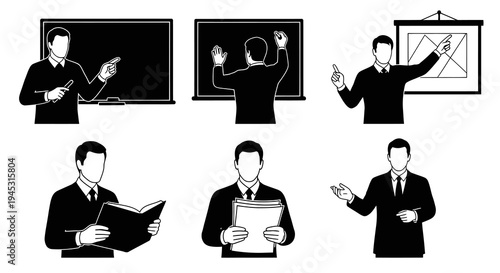 Black  White Vector Icons of Business Man Posing with Blackboard, Book, Papers