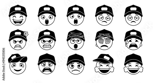 Black  White Line Art of Emoji Faces Wearing Baseball Caps
