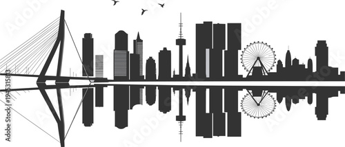 Modern city skyline silhouette with bridge and ferris wheel reflection, urban architecture landscape vector illustration isolated