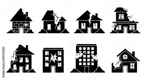 Damaged houses icons, earthquake disaster, vector illustration, black and white