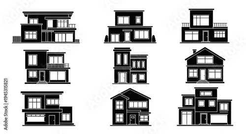 Black and White House Icons Set, Modern Architecture, Vector Illustrations