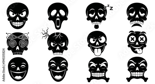 Black  White Skull Icons: Funny and Spooky Faces for Halloween
