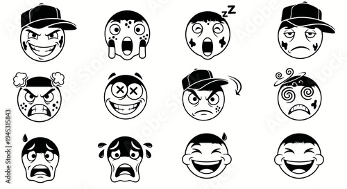 Black and White Emoji Icons Set: Emotions, Expressions, Reactions, Symbols