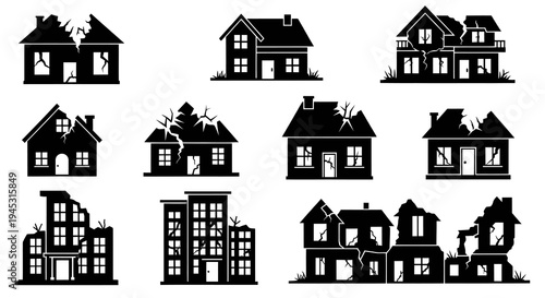 Damaged houses icons, black and white, destruction, urban decay, disaster