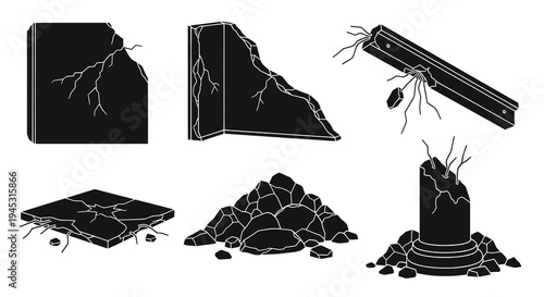 Black and White Glyph Icons of Broken Debris and Ruined Structures