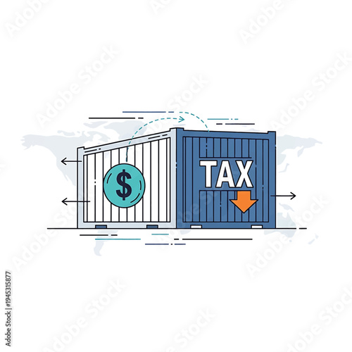 An illustration of two shipping containers, one with a dollar sign and the other with a tax symbol, representing import tariffs and international trade.