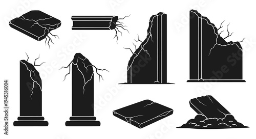 Black Silhouette Ruins, Broken Pillars and Rubble Vector Icons