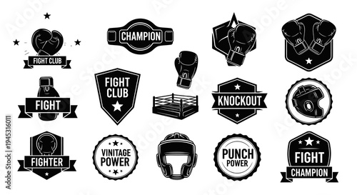 Boxing Fight Club Champion Vintage Black and White Emblems and Icons