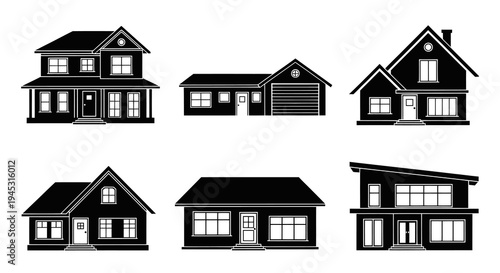 Black  White Vector Icons of Various House Styles for Real Estate