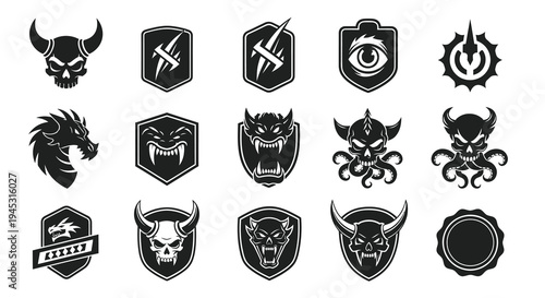 Set of Black  White Monster and Skull Emblems, Badges, and Icons