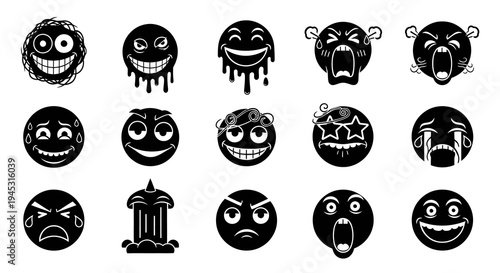 Black and White Emoji Icons Set - Expressive Faces, Emotions, Symbols