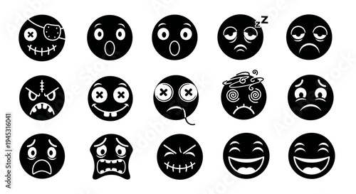 Black  White Glyph Set of Expressive Emoji Icons