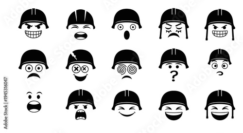 Construction worker helmet emojis, black and white vector icons