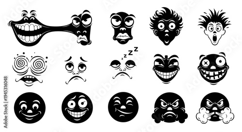 Black and White Cartoon Faces, Emoticons, Emotions, Expressions, Icons
