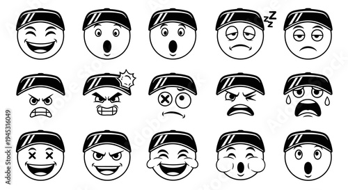 Black and White Line Art Emoticons Wearing Baseball Caps for Expressions