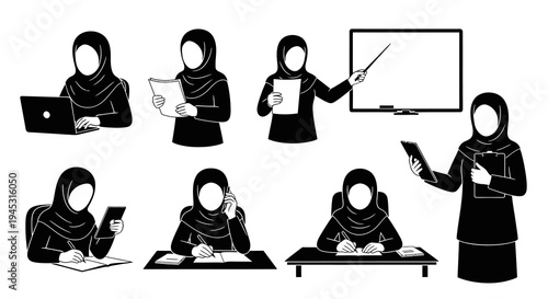 Black and White Vector Icons of Muslim Women in Professional Settings