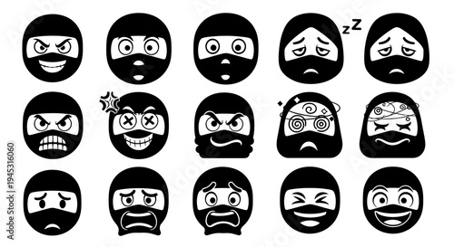 Black Ninja Face Emoticons with Various Expressions, Vector Art Icons