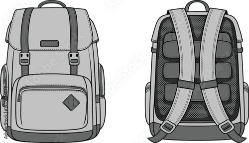School backpack front and back view, student travel bag illustration, modern rucksack design vector isolated on white