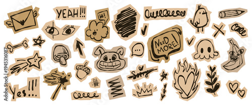 Pack of hand drawn kid doodle stickers isolated on white. Vector illustration of sketch icons on paper pieces, burning heart, love message, speech clouds, creative scribble designs for school banner
