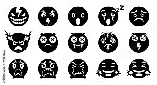 Black and White Emoji Icons Set with Various Emotions, Glyph Style
