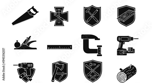 Black and White Glyph Icons of Carpentry and Woodworking Tools