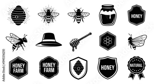 Black and White Honey Icons - Bees, Hive, Jar, Honey Dipper, Shield