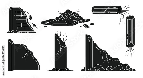 Ruined Architectural Elements Black and White Vector Icons