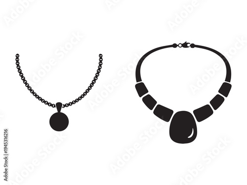 Black silhouettes of two elegant necklaces one with a large stone and the other with a small pendant on white background