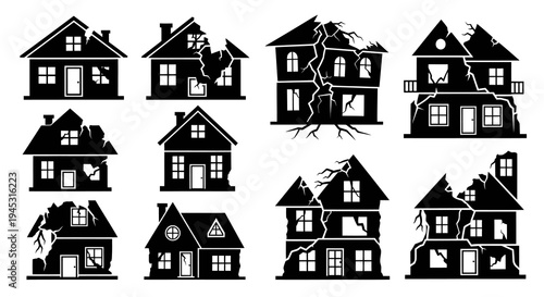 Black and White Glyph Icons of Damaged Houses