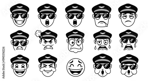 Black and White Police Officer Emoticons with Various Emotions and Expressions